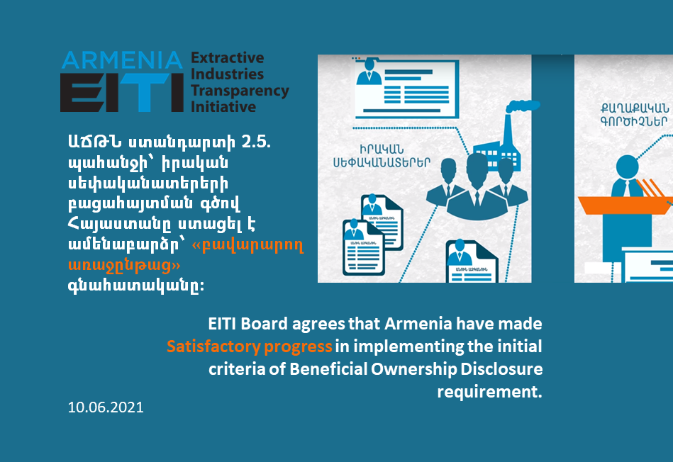 The EITI Board agreed that Armenia has made Satisfactory progress in implementing Requirement 2.5 on Beneficial Ownership of the 2019 EITI Standard.